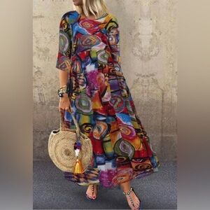 Zanzea Women 3/4 Sleeve Casual Long Shirt Abstract Print Dress Size L